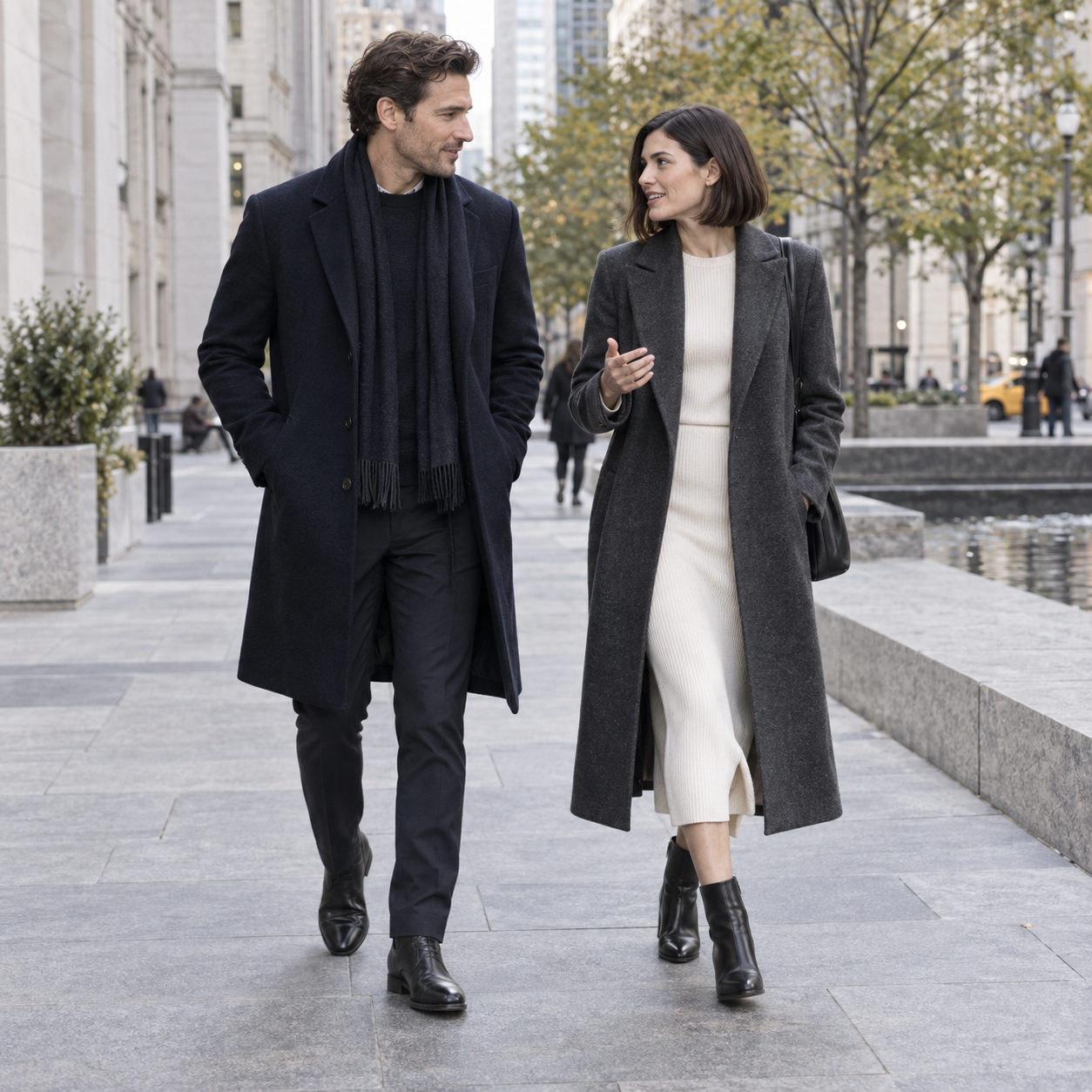 Two models wearing long coats while walking through a city plaza