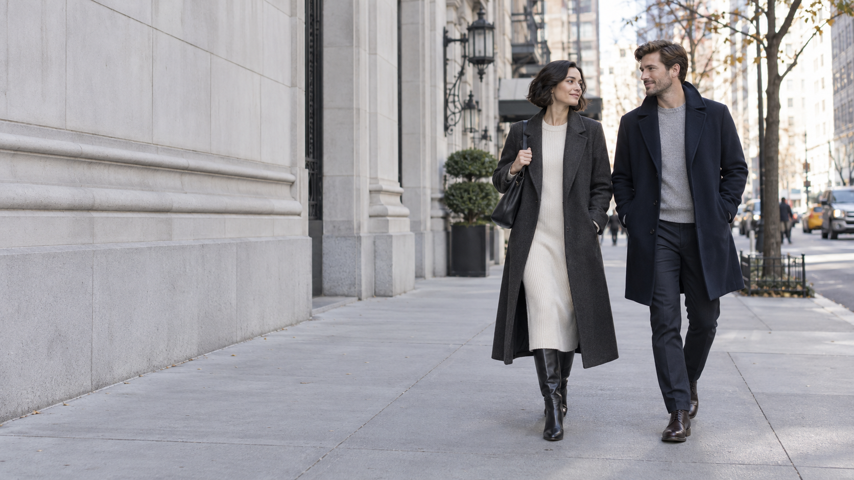 A woman and man in tailored coats on a sunlit city street